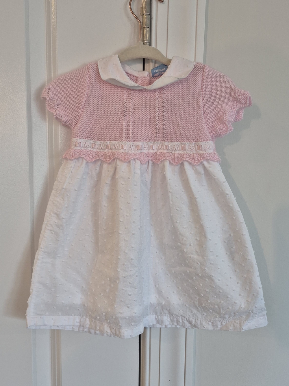 European Baby Girl Pink Knit & White Dress 12M Spanish Boutique- Sardon